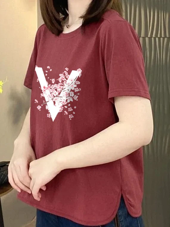 

Casual Style Printed Short Sleeve T-Shirt Women's Loose Fit round Neck Slimming Versatile Mommy Clothes Top