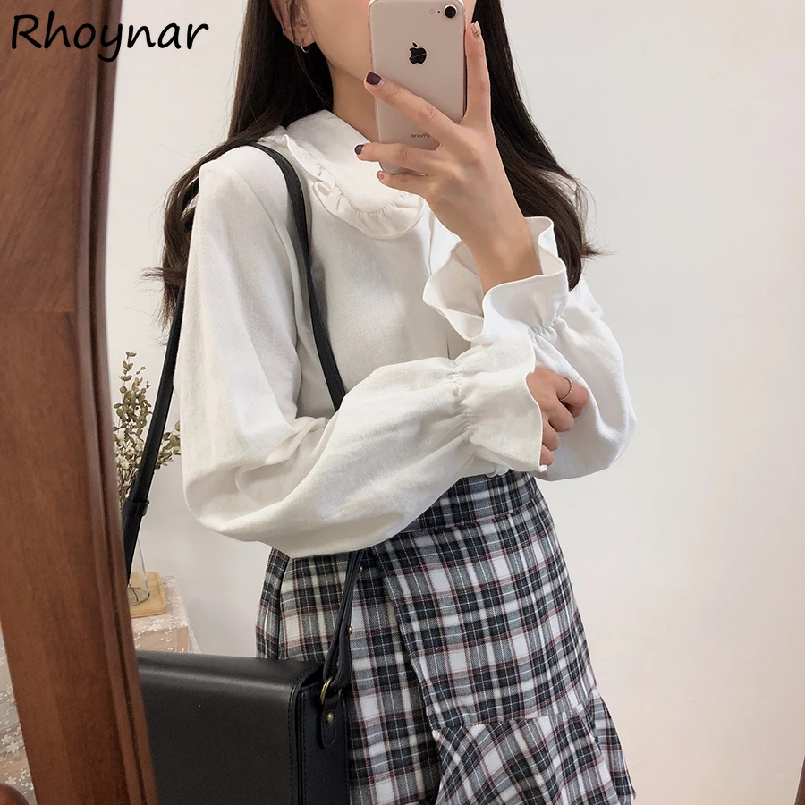 

Blouses Women Peter Pan Collar Preppy Style Students Sweet Girls Leisure Long Sleeve Y2k Shirts Chic Retro Simple All-match