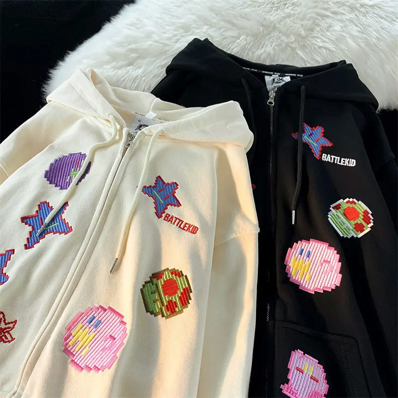 WARM Sweatshirt Women Zip Up Oversized Retro Streetwear pixel pattern Printing Hoodies Punk Hooded Jackets Embroidery Y2k