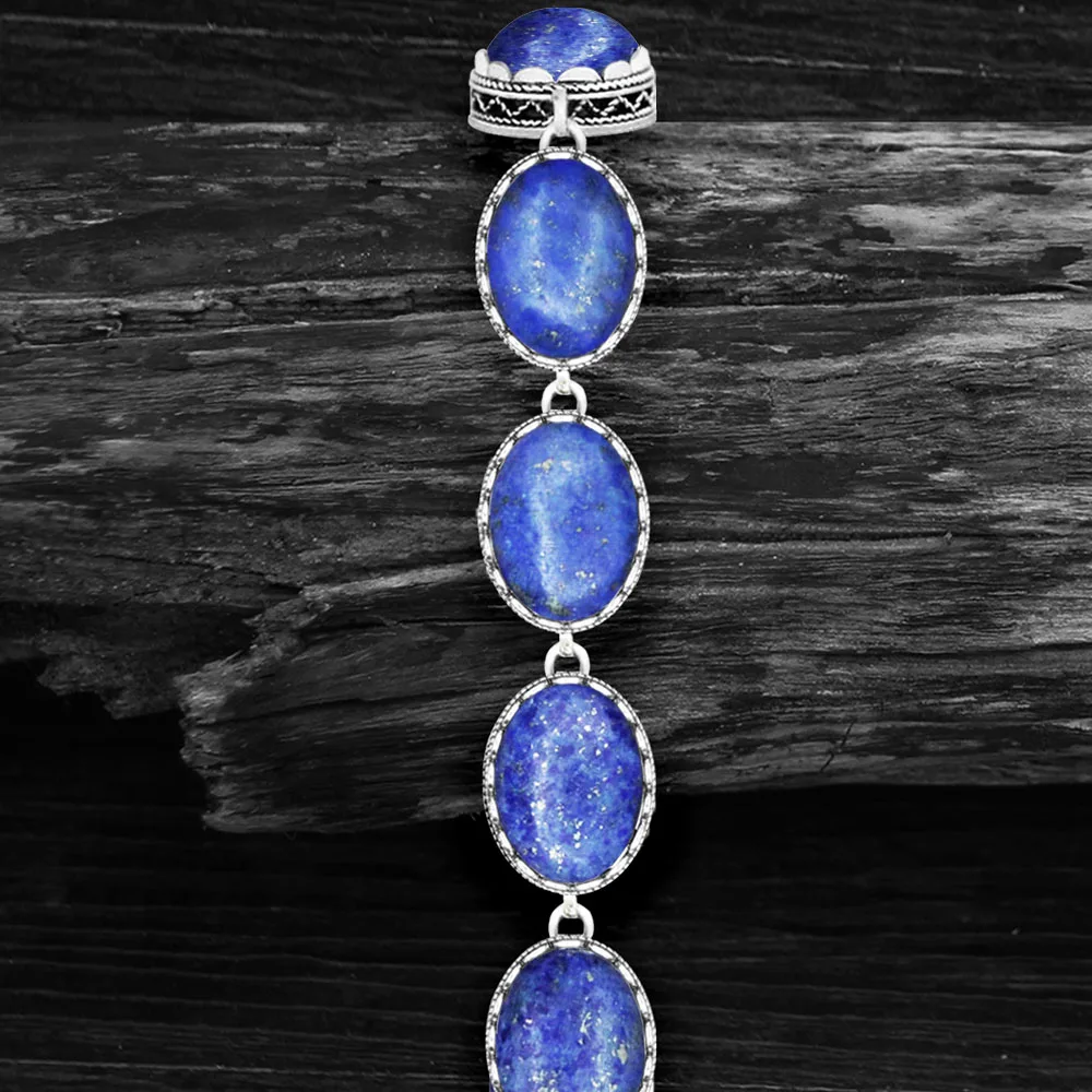 Natural Oval Lapis Lazuli Bracelet For Women Vintage Antique Silver Plated Flower Pendant Fashion Jewelry Party Gift TB276