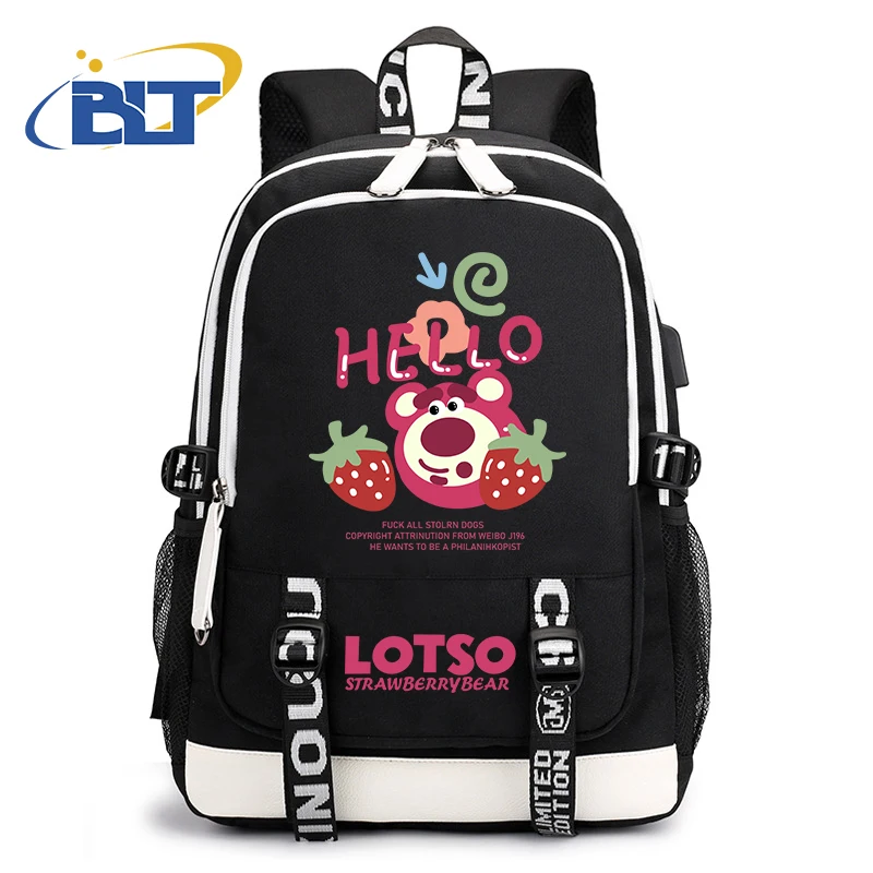 Mochila escolar con estampado de oso lotso para estudiantes, mochila USB, regalo para niños y niñas