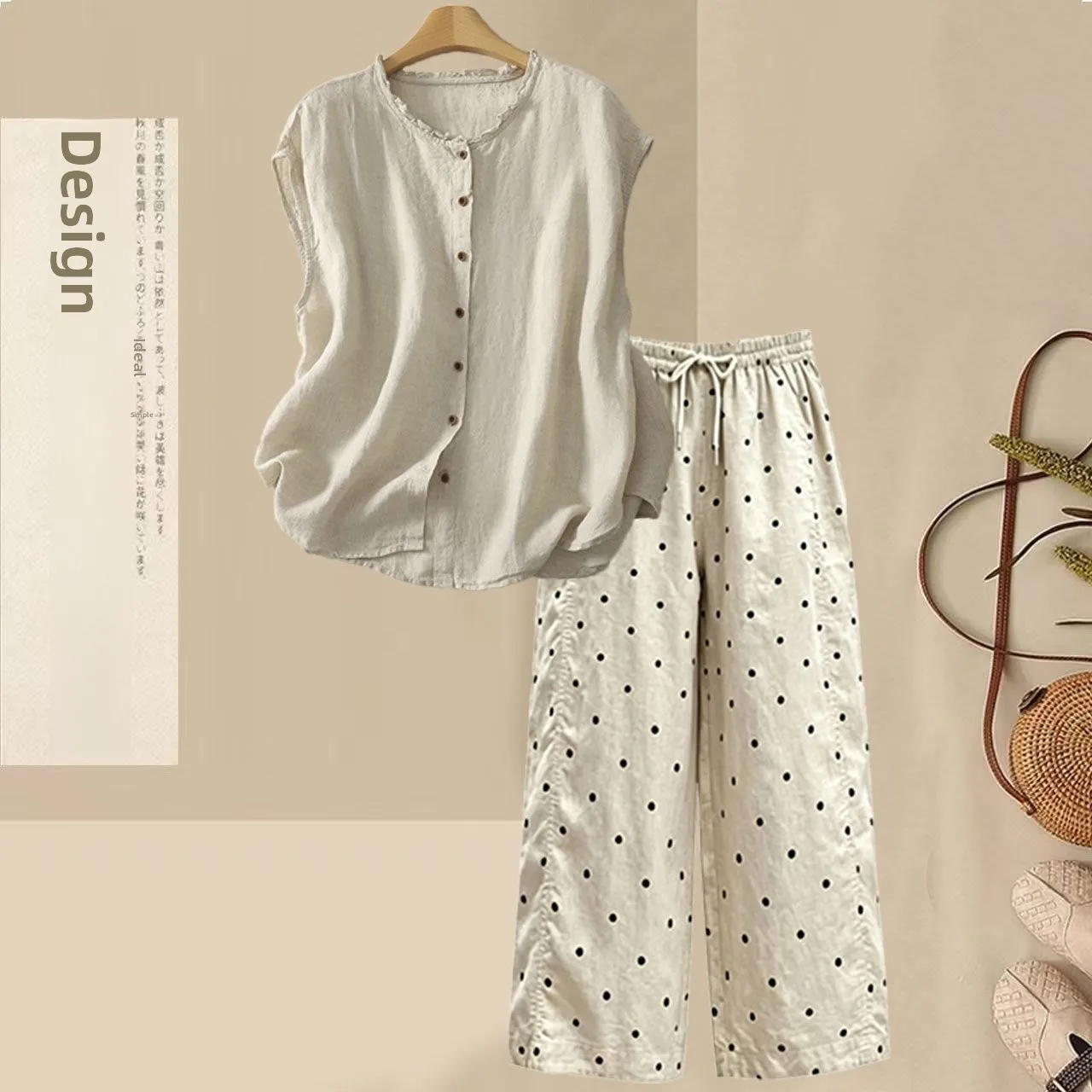 

Summer 2026 Large Size Women's Cotton Linen Polka Dot Pants Shirt Two-Piece Set Stretchy Comfortable Commute Style Artistic