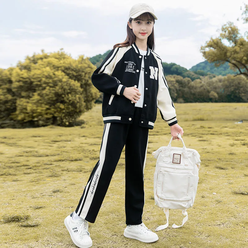 Korean Spring Autumn School Girl Baseball Suit Teenager Girl Contrast Striped Coat+Sweatpants Child Jogger Workout Set 5-14Yrs