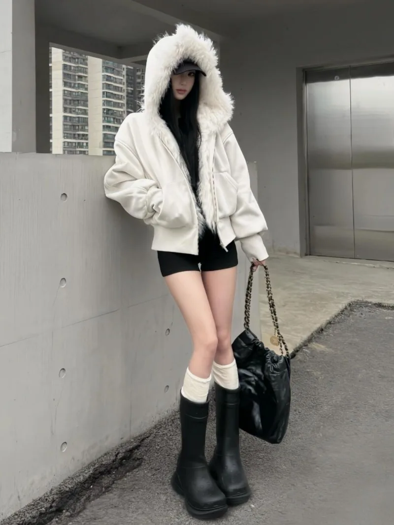 New Women's Fleece Jacket Y2K Aesthetic Hoodies with Zipper Fur Hooded Coat Winter Clothes Ladies Furry Outerwear Korean Style - view 2