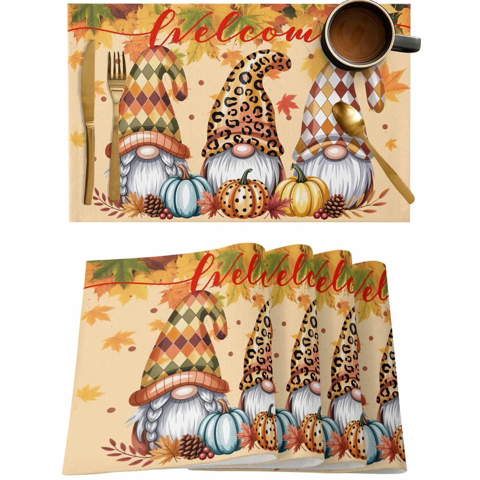 

4/6 Pcs Retro Autumn Thanksgiving Gnome Placemat Wedding Party Dining Decor Linen Table Mat Kitchen Accessories