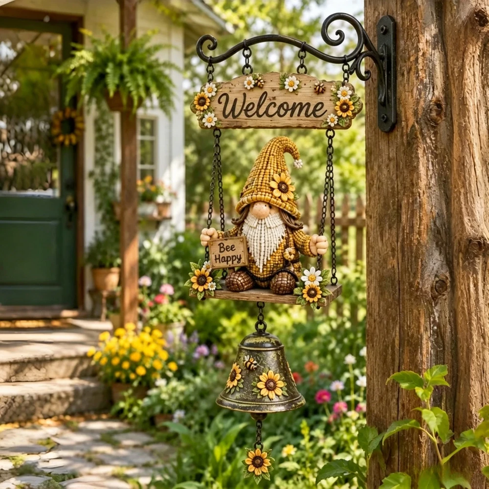 Garden Bells Windchime Gnome Garden Decor Handmade Bee Sunflower Gnome Retro Decorative Doorbell for Store Room Garden Porch