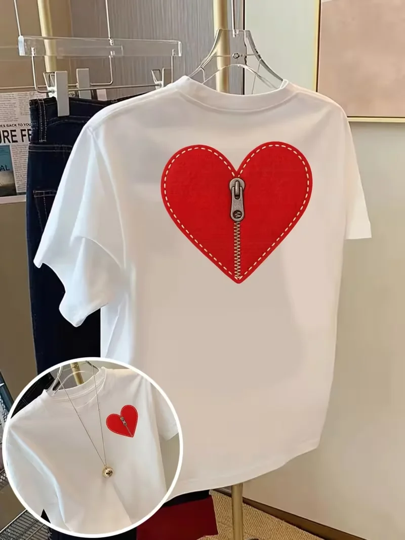 Herzförmiges T-Shirt mit Reißverschluss und Aufdruck vorne und hinten, Damen-Freizeitoberteil mit Rundhalsausschnitt und kurzen Ärmeln, Unisex-Freizeitoberteil für Herren und Damen – Detail 3
