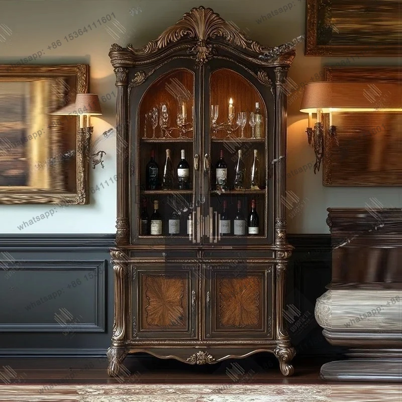 خزانة مشروبات من الخشب الصلب الفرنسي بباب مزدوج وخزانة زجاجية مزخرفة وأرضية خزانة حائط لغرفة المعيشة #3