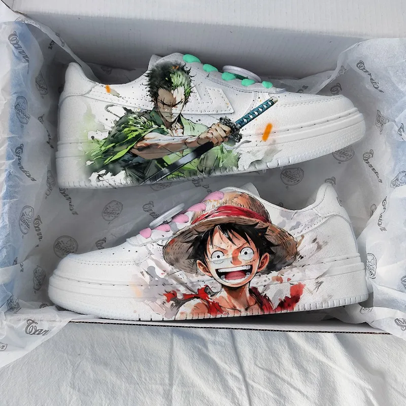 New One Piece Animation Creative Luffy Zoro Hand-painted Print Couple Mandarin Duck Shoes New Outdoor Sports White Shoes Gift