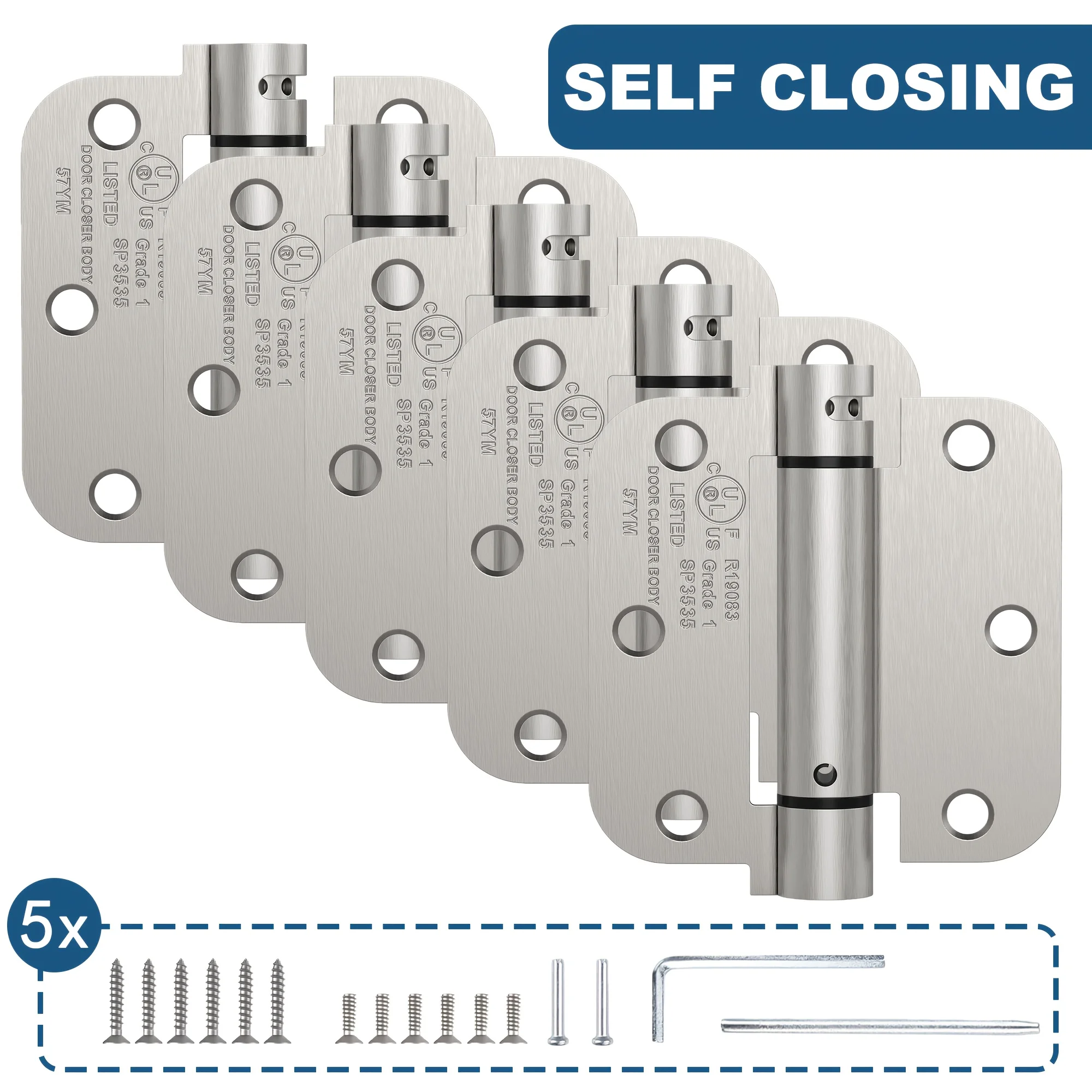 

5pcs Self Closing Door Hinges | 3.5 Inch Spring Loaded Hinges with 5/8'' Radius Corners, Adjustable Tension for Garage, Front, Back Doors, Left and Right Hand Doors, Stain Nickel End