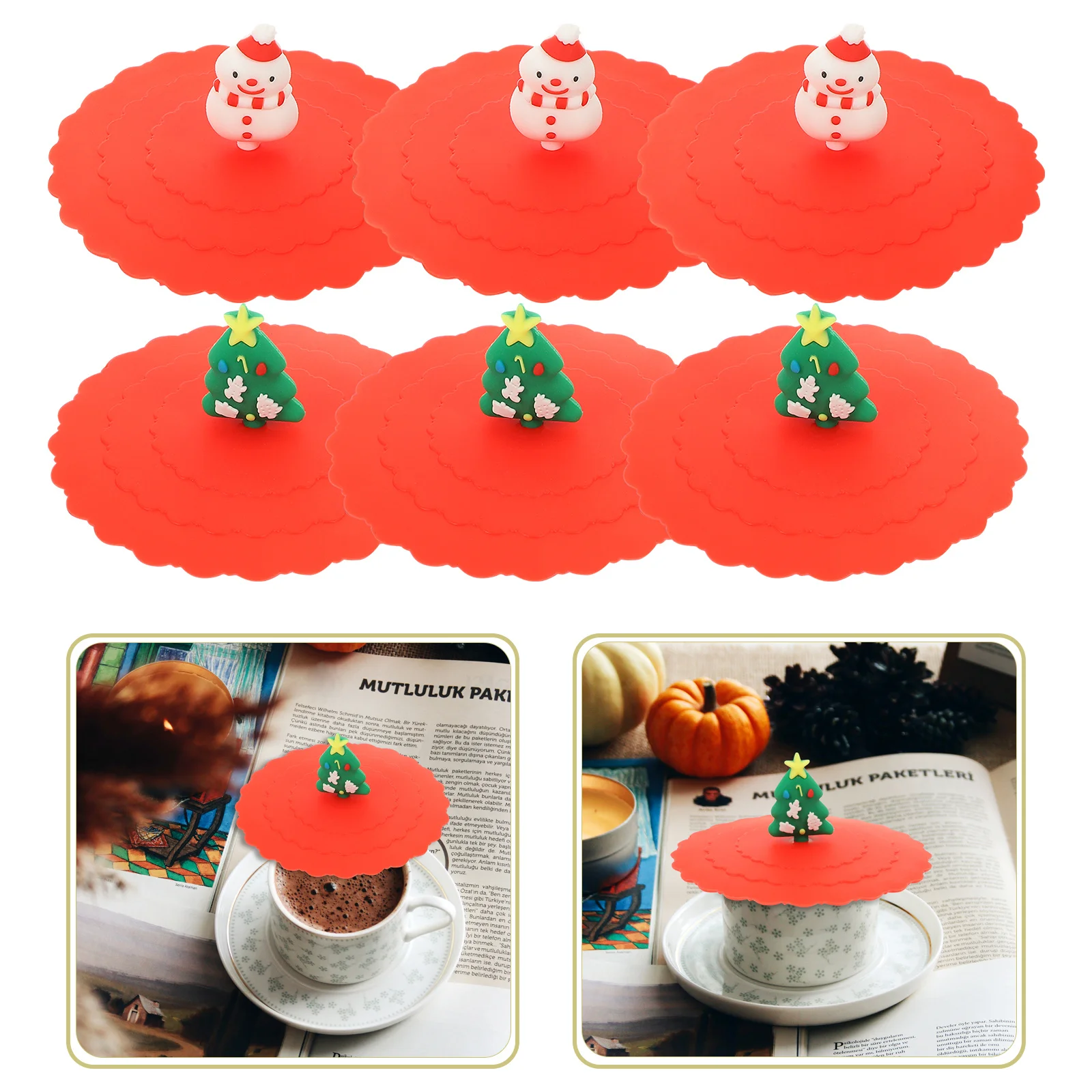 

6Pcs Silicone Mug Lids Festive Christmas Design Leak-Proof Cup Covers Reusable Cup Protectors for Hot Drinks Decorative