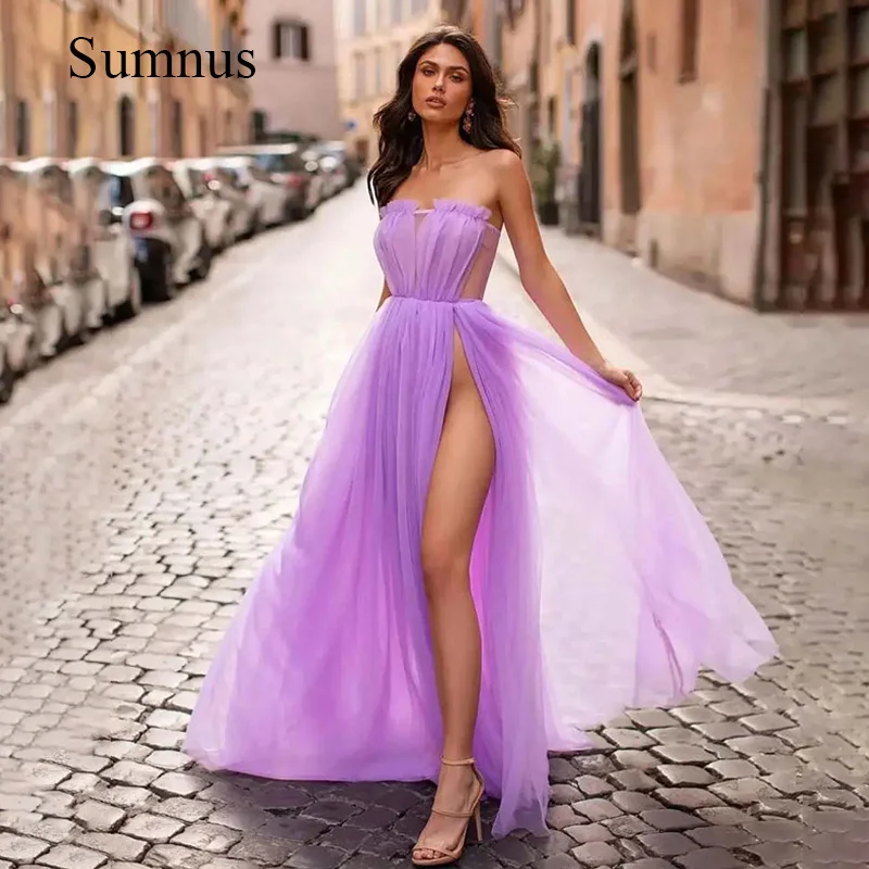 Sumnus Purple Tulle Prom Dresses Strapless High Split Sexy Party Dress Summer Evening Gowns Floor Length Vestidos de Fiesta