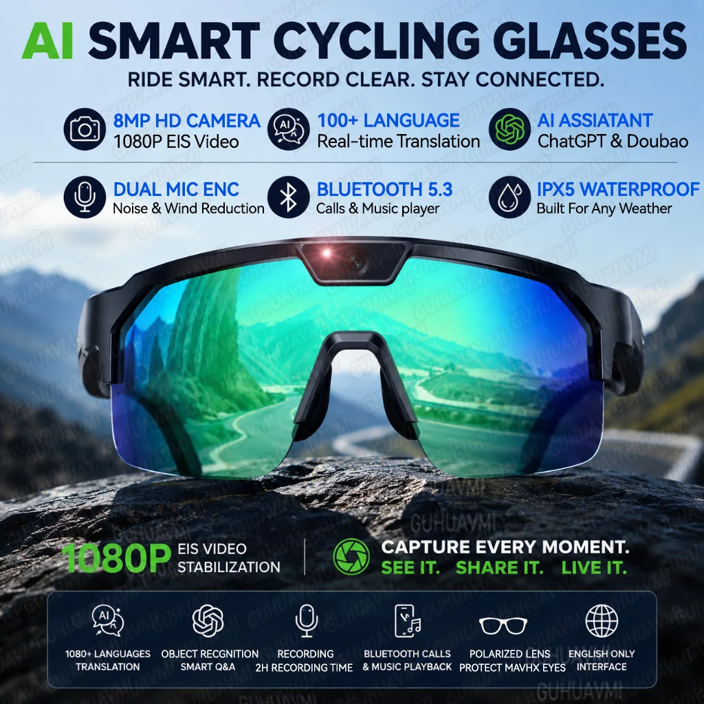 

2026 Upgrade Smart Glasses with 8MP Photo&Video Camera AI Assistant Recognition Translation EIS Bluetooth Audio Sunglasses Men