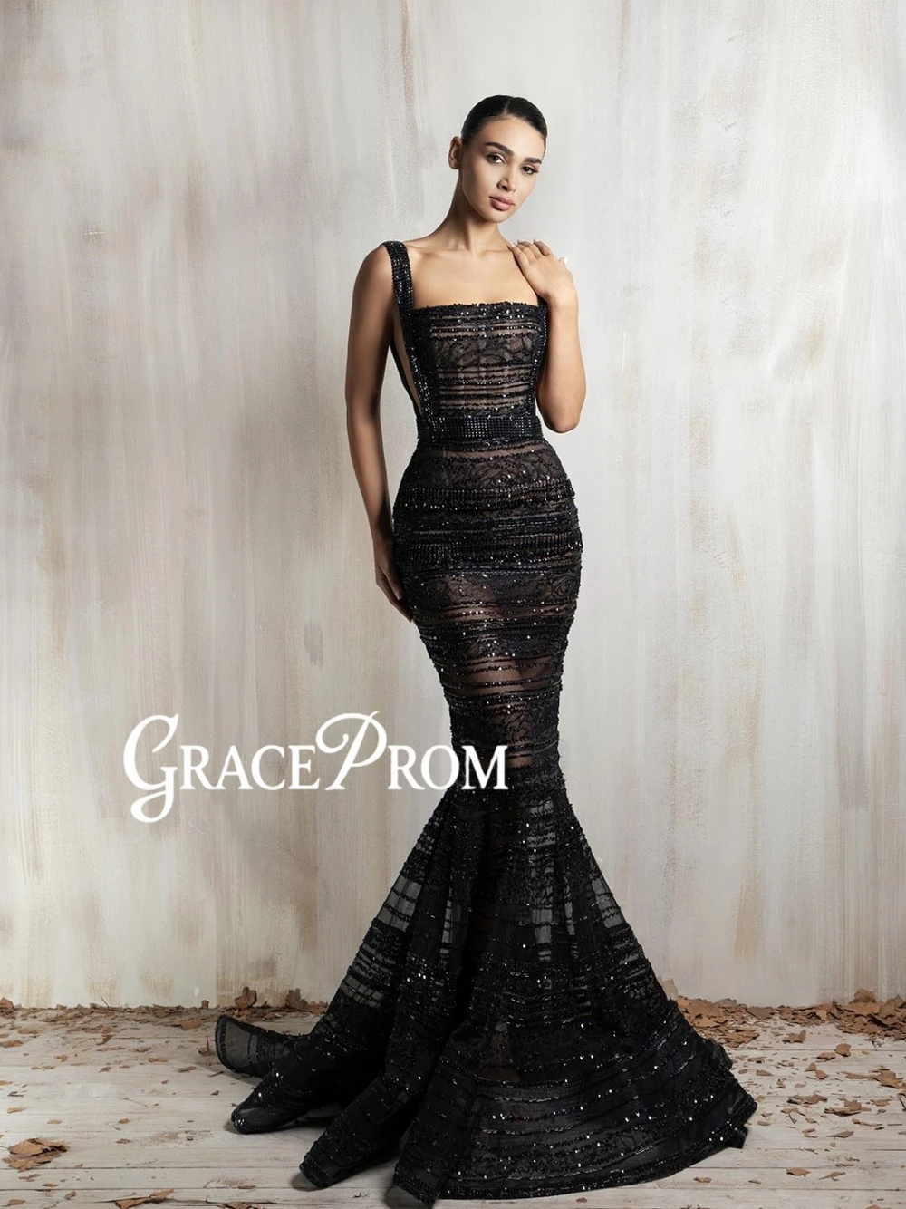 

Celebrity Illusion Black Mermaid Evening Dress Beaded Sequined Square Neckline Customized Prom Gown Exquisite Statement Wear