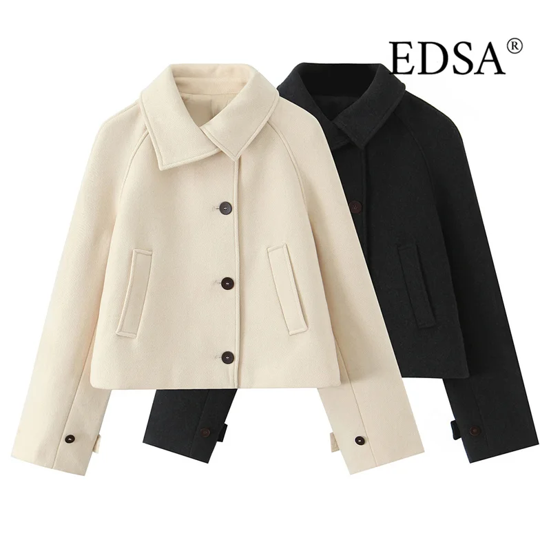 

EDSA Women Cropped Trench Jacket Coat Long Sleeves for Autumn Winter Single Breasted Coay Outerwear