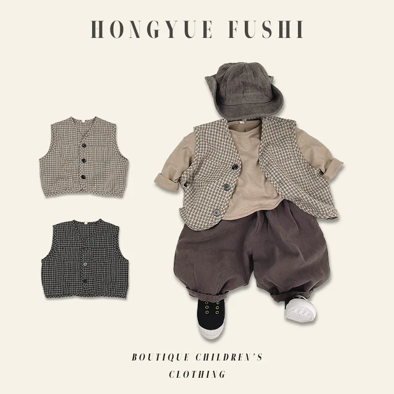 سترة منقوشة واحدة الصدر ربيع الخريف الكورية الجديدة L؛ Oose عارضة جديدة مريحة Grils الفتيان الأطفال