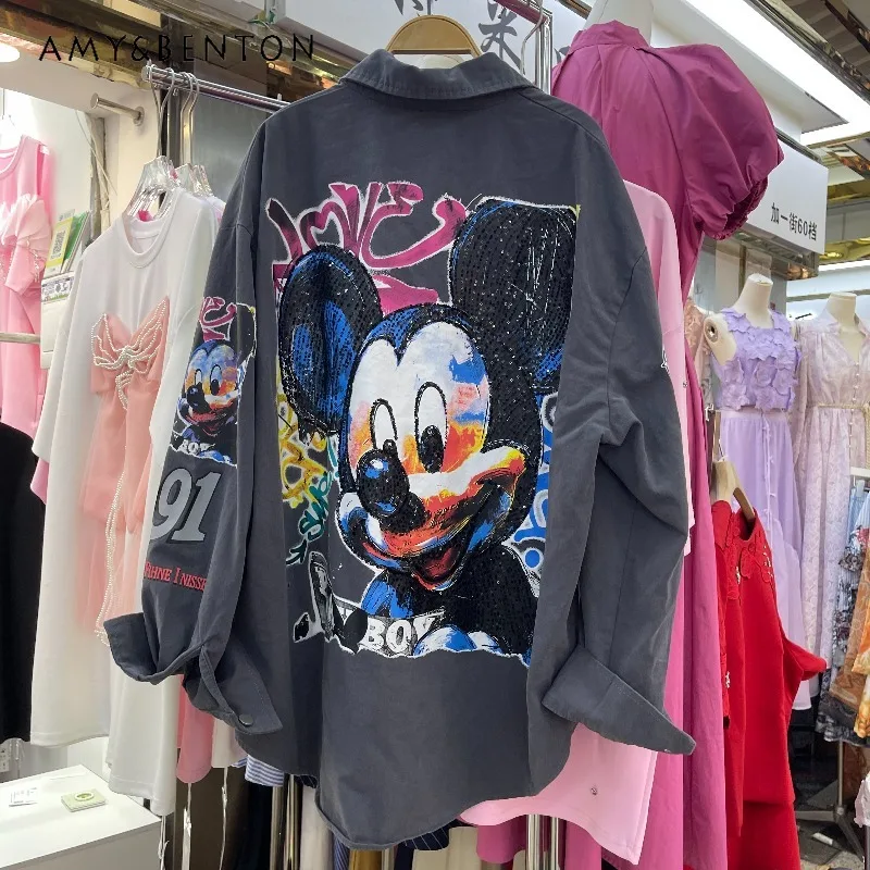 

Fashion Brand Heavy Craft Unique Design Slimming Cartoon Beautiful Long Sleevde Shirt Unisex Loose Single-Breasted Casual Blouse
