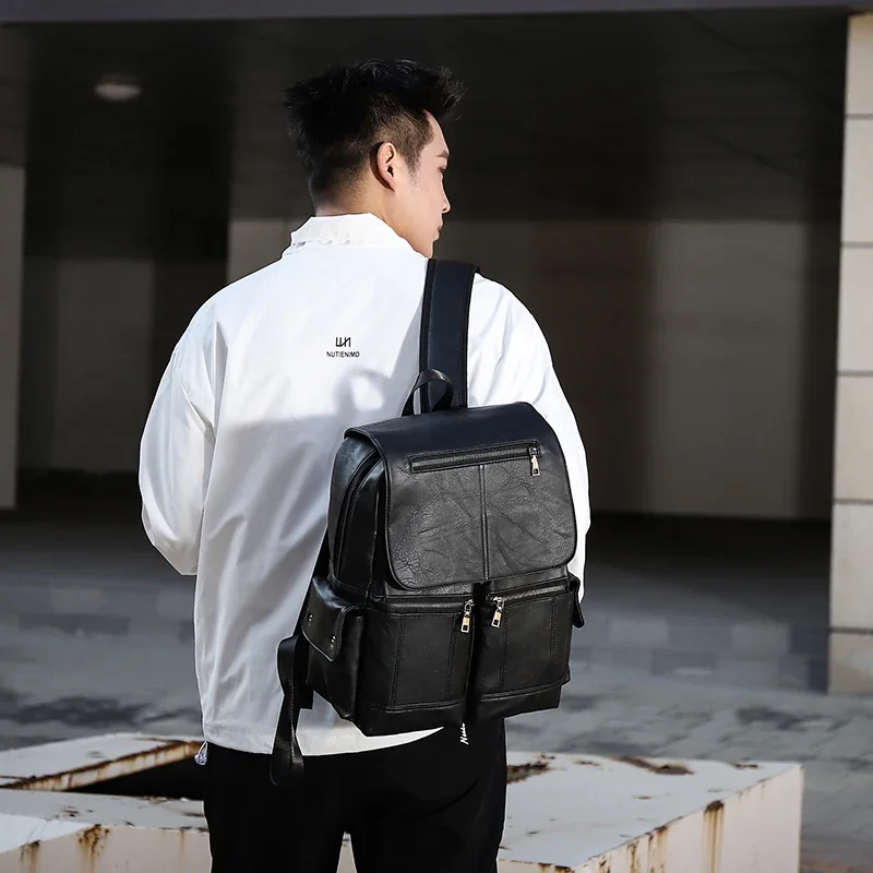 Men Business Casual Backpacks For School Travel Bag Black Pu Leather Men's Fashion Shoulder Bags Vintage Boys Men Backpack #2