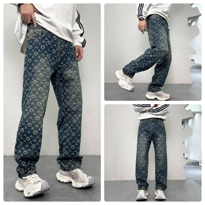 

Street beat personality jacquard embroidery high-end tide loose straight men's jeans nostalgic blue washed casual men's pants