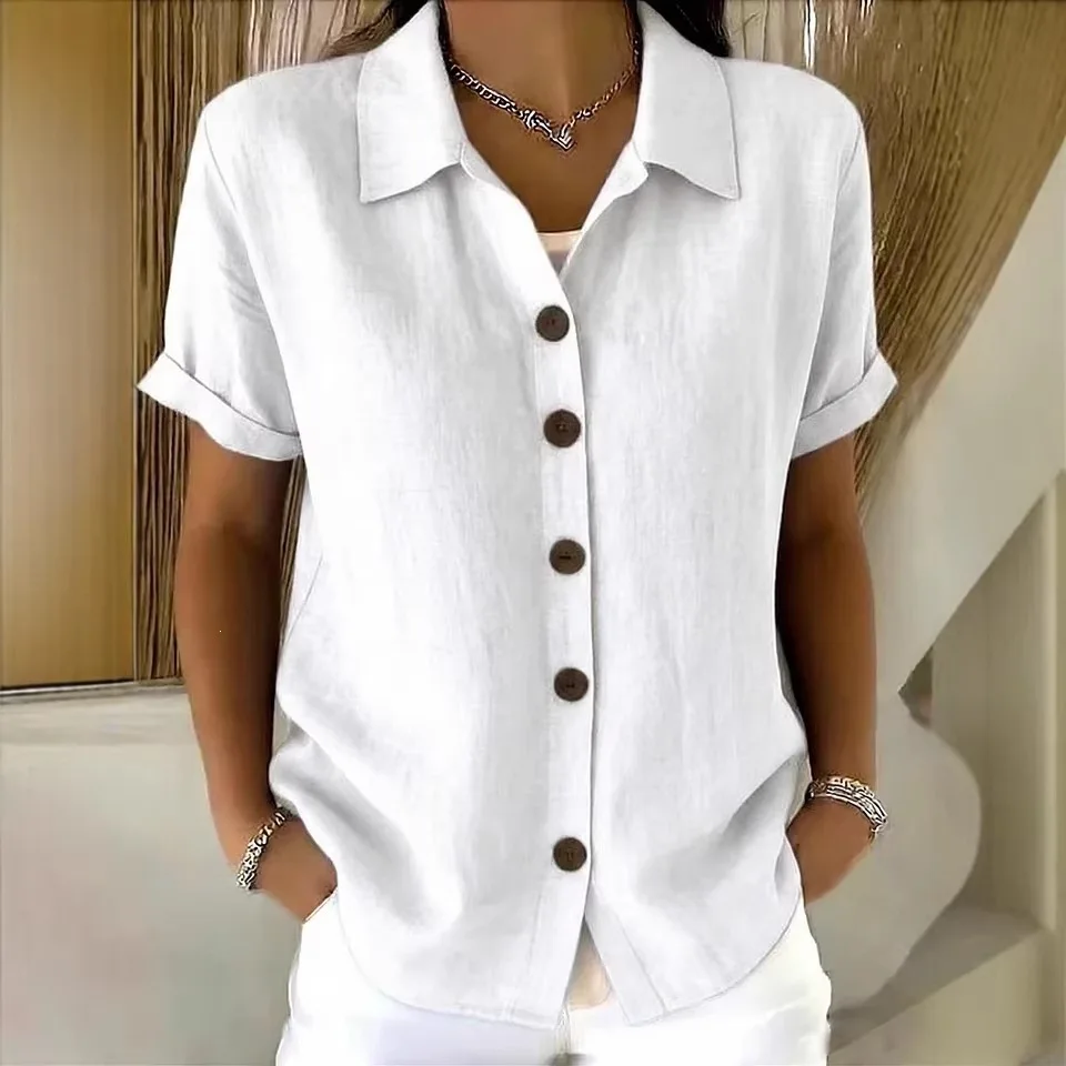 

Flip Collar Single Breasted Short Sleeved Solid Color Casual Comfort Cotton Linen Short Sleeved Shirt For Women's Summer New Top