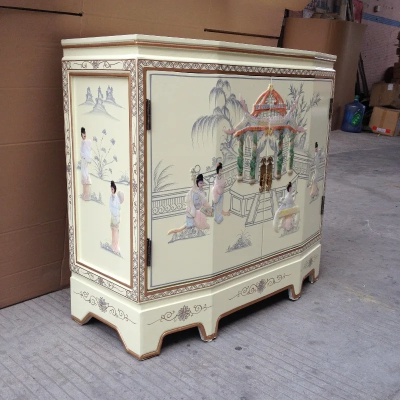 Beautiful ivory white four-door cabinet, porch cabinet, painted furniture inlaid shell, entrance porch cabinet, foyer decorative