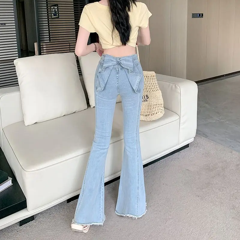 

Hmsevenjz Retro Waist Bow Jeans for Women's Summer High Waisted Slim Fit Flared Pants Fashion Female Clothes