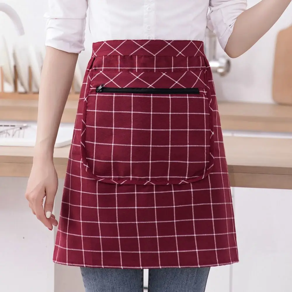 Cotton Kitchen Apron Breathable Thin Cooking Apron Oil-proof Antifouling Zipper Pocket Half-length Waist Pinafore Home Kitchen