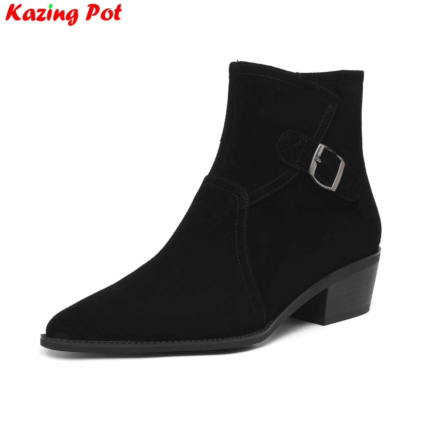 

2026 Cow Suede Med Heels Pointed Toe Retro Modern Boots Warm Winter Autumn Shoes Office Lady Dating Zip Brand Women Ankle Boots