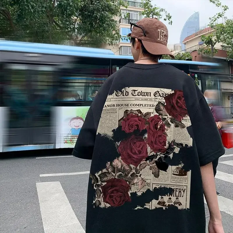 Men's Cotton T-shirts White Mens Oversized T Shirt Casual Summer Wear Funny Floral Print 5XL Tee Shirts for Men Male New Clothes