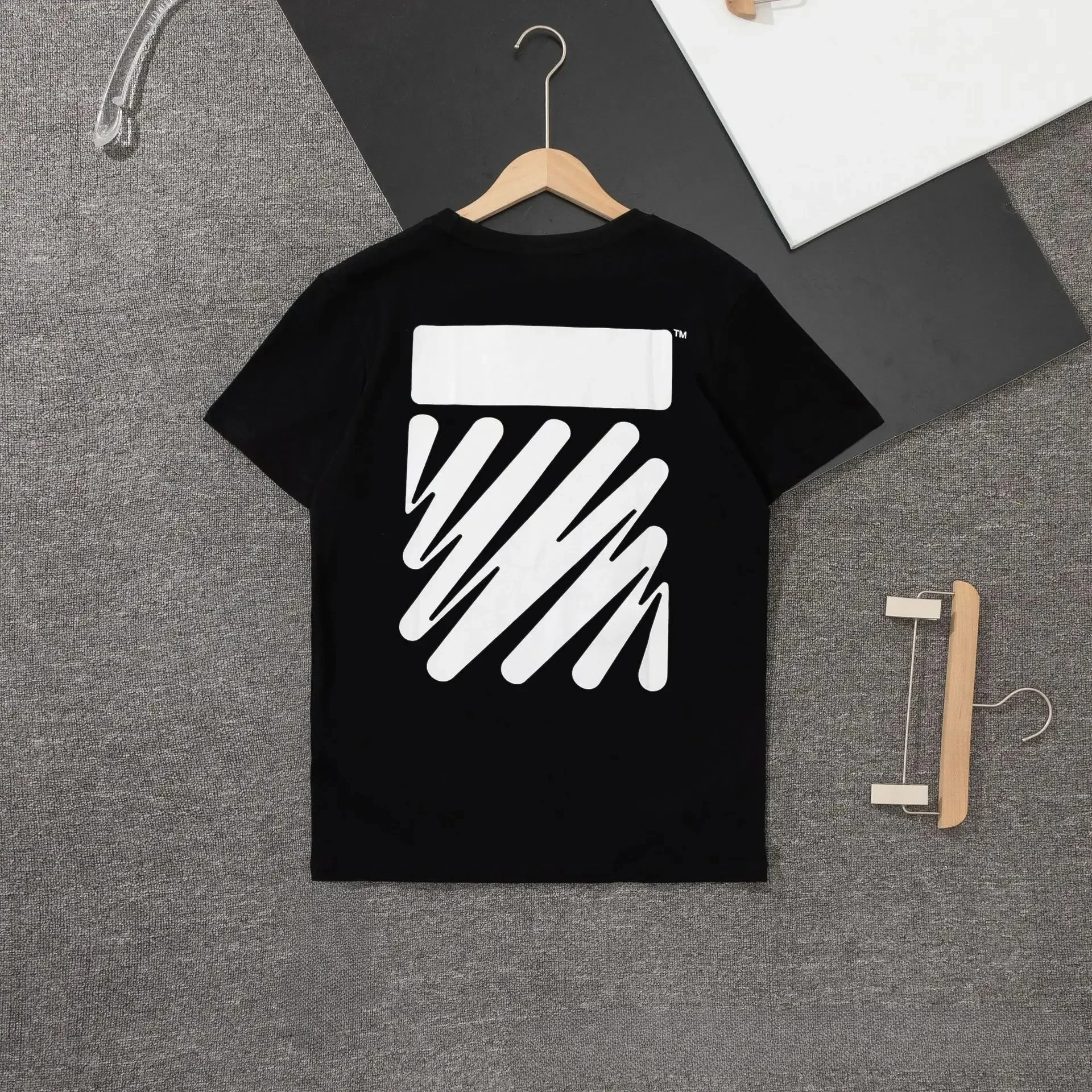 Summer Children's New Ow Off White Round Neck Short-sleeved T-shirt Boys and Girls Fashion Back Wave Striped Printed Top