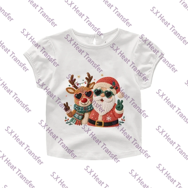 Faux Embroidery Effect DTF Heat Transfer Stickers Cute Santa Claus Reindeer Iron On Patches Merry Christmas Feliz Navidad DIY