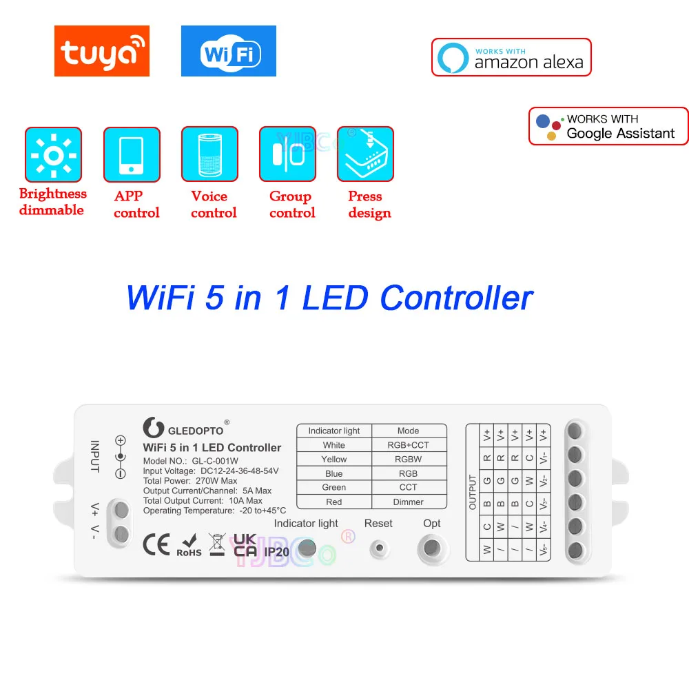 Tuya WiFi 5 in 1 LED Controller Dimming/ WWCW/ RGB/ RGBW/RGB+CCT LED Strip Dimmer App/Remote/Voice Control No Gateway Require