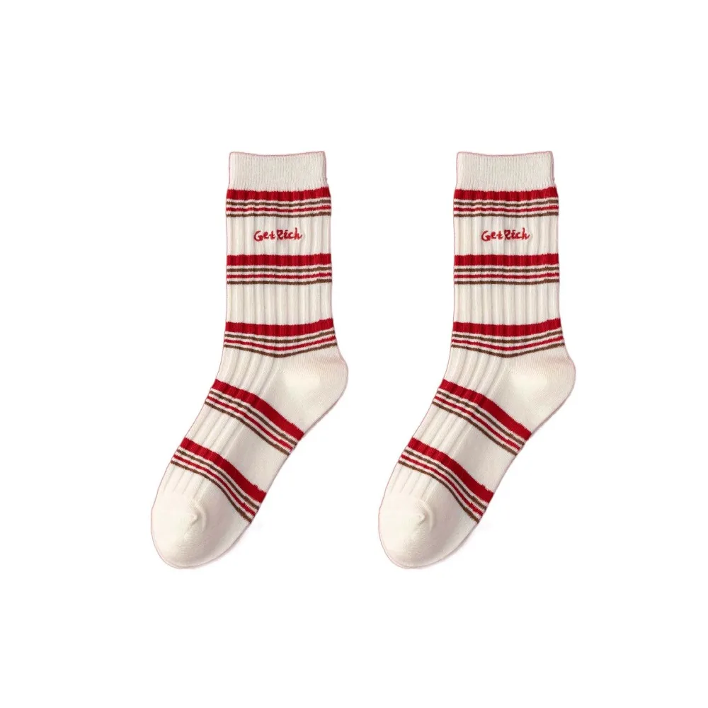 

5Pairs Funny Stripe New Year Tube Socks Letter Mid Calf Horse Year Socks Good Luck Cartoon Embroidery Horse Socks Women