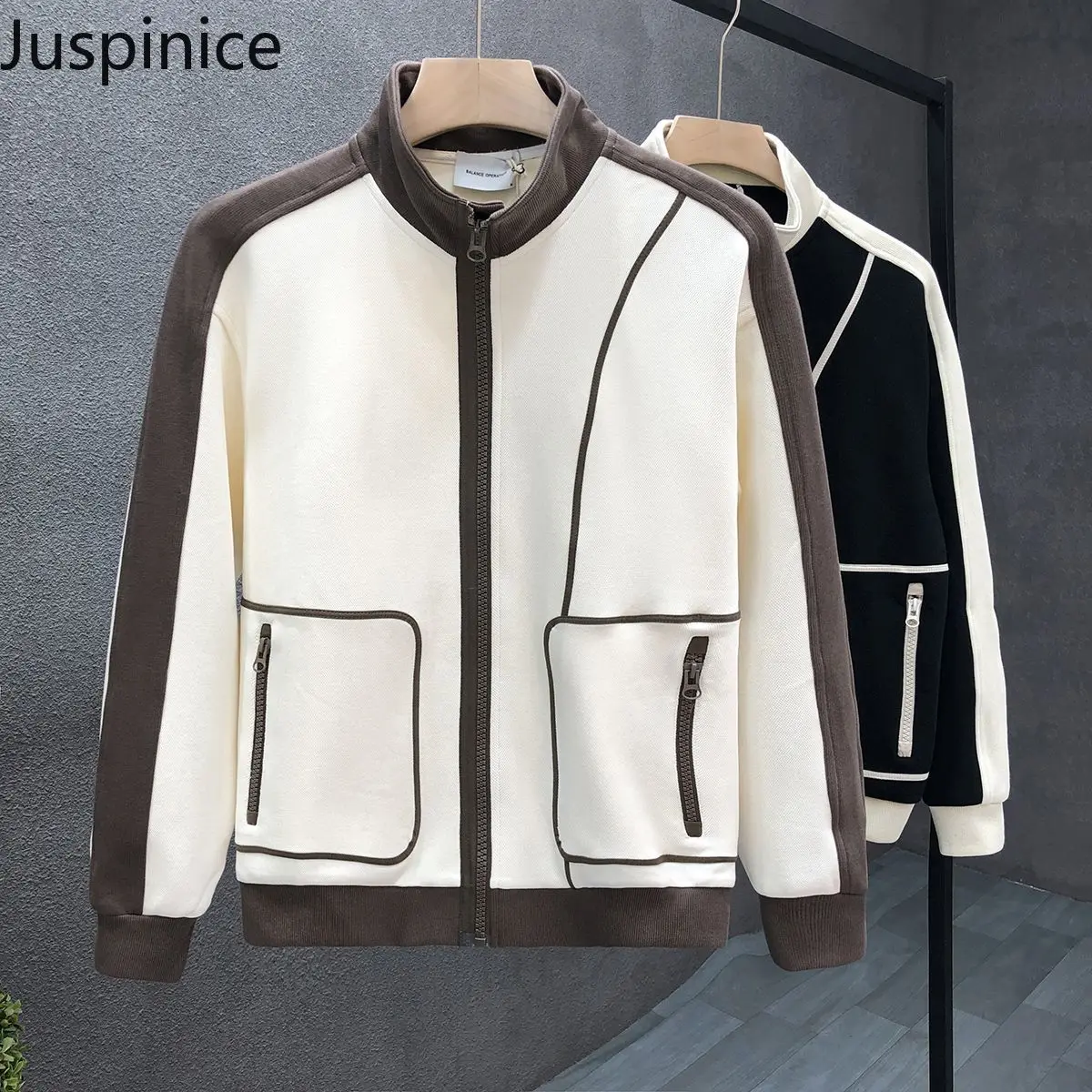 

Fashion Stand-up Collar Contrasting Color Jacket Men Loose Simple High Street Personalized Casual Jackets Tops Male Clothes