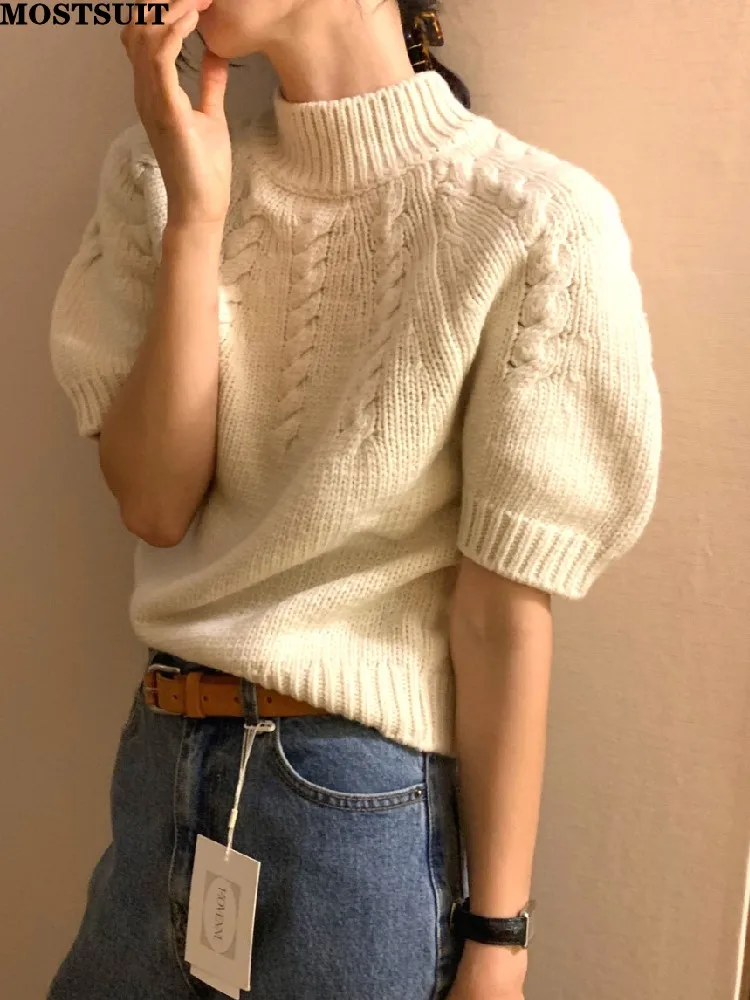 

Korean Stand Collar Sweater Pullover Women Twisted Knit Elegant Vintage Tops Knitwear 2024 New Short Sleeve Chic Ladies Jumpers