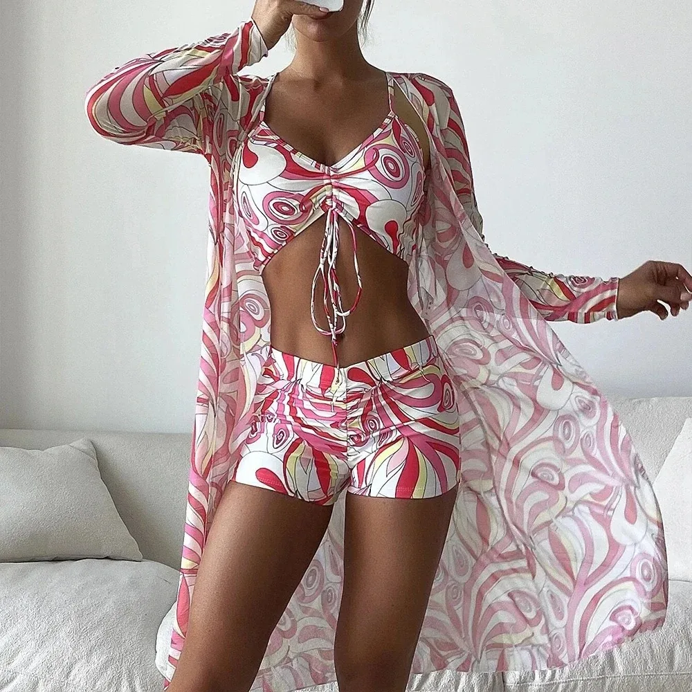 New Summer Women Sexy 3 Pieces Suit Floral Print Swimwear Drawstring Bikini SeT Holiday Beachwear Bodysuit Overall Swimsuit