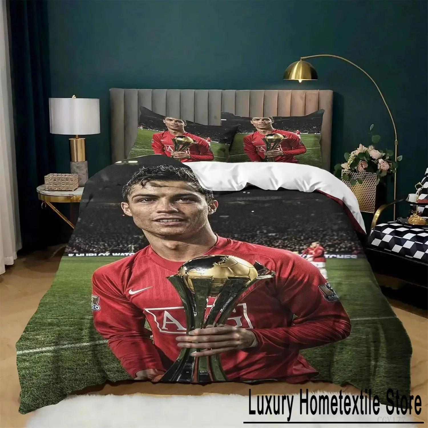 3 Piece Duvet Cover Ronaldo CR7 Football Printed Bedding Set, Lightweight Quilt Cover with Zipper Comforter Set Boys Gift