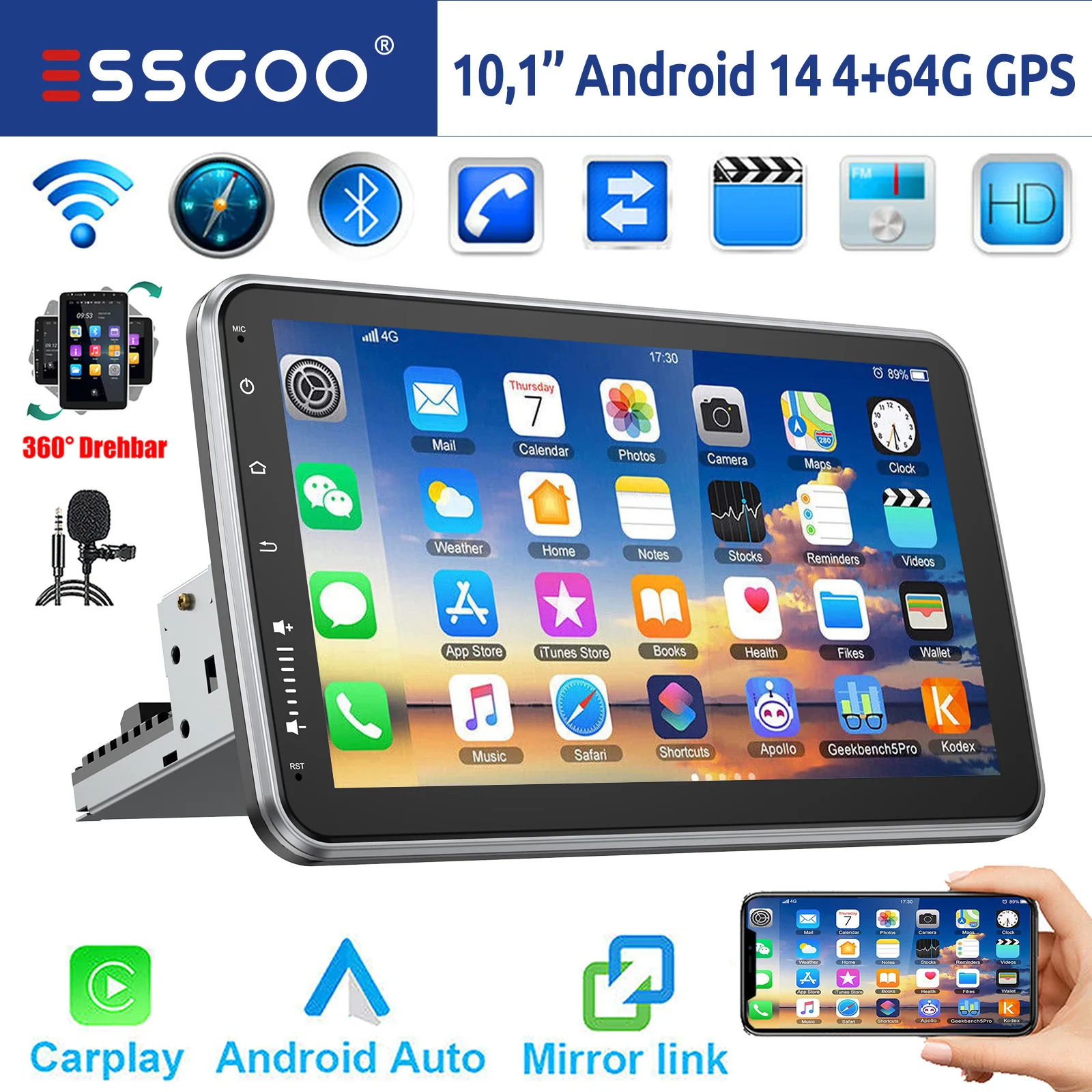 ESSGOO 10 Android 14 4+64G Carplay Wireless Android Auto Autoradio Singolo 1 DIN GPS Navi Bluetooth FM RDS Bluetooth WIFI USB EQ SWC Schermo Rotante Touchscreen Mirror Link