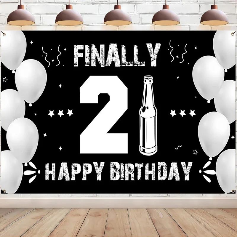 

Happy 21st Birthday Backdrop Banner Finally 21 Decoration for Him Her Black and Silver Cheers to 21 Background Party Supplies