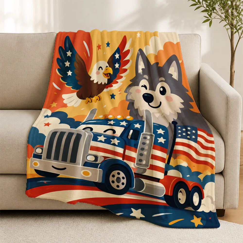 Decorative Patriotic American Flag Throw Blanket for Sofa Couch Dog Eagle Truck Americana Decor USA Gift Cozy Winter Warm Fall H