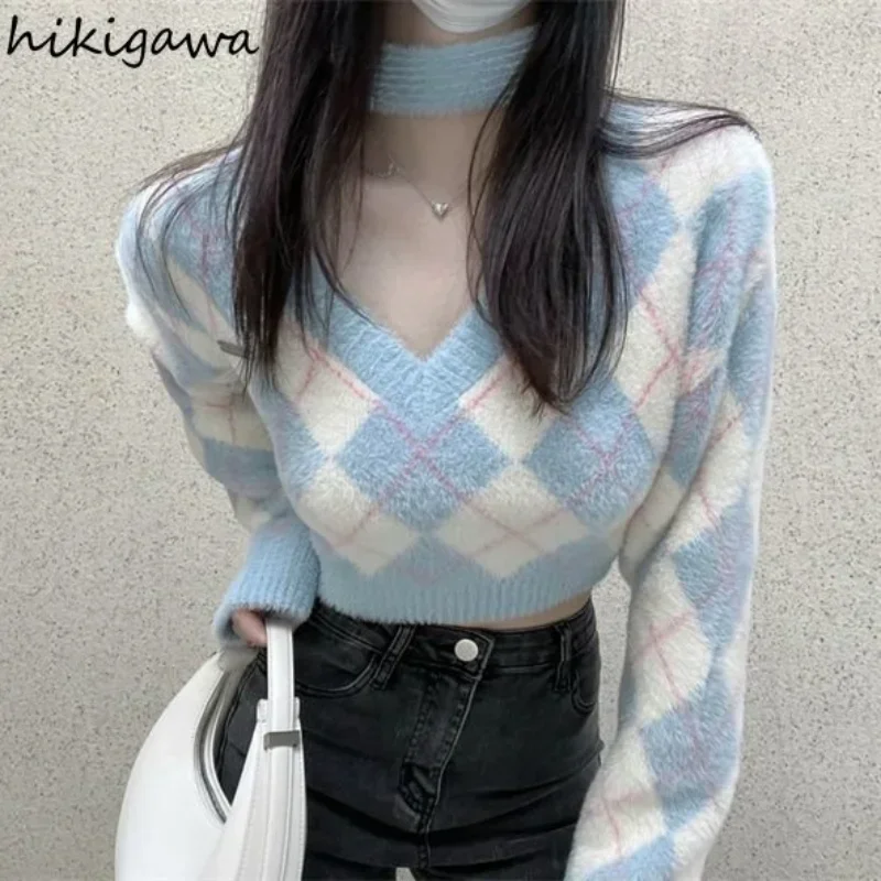 Cropped Pullovers Women Sueter Mujer V-neck Long Sleeve Plaid Pull Femme Y2k Clothes Tops Fashion Knitted Korean Sweater Jumper