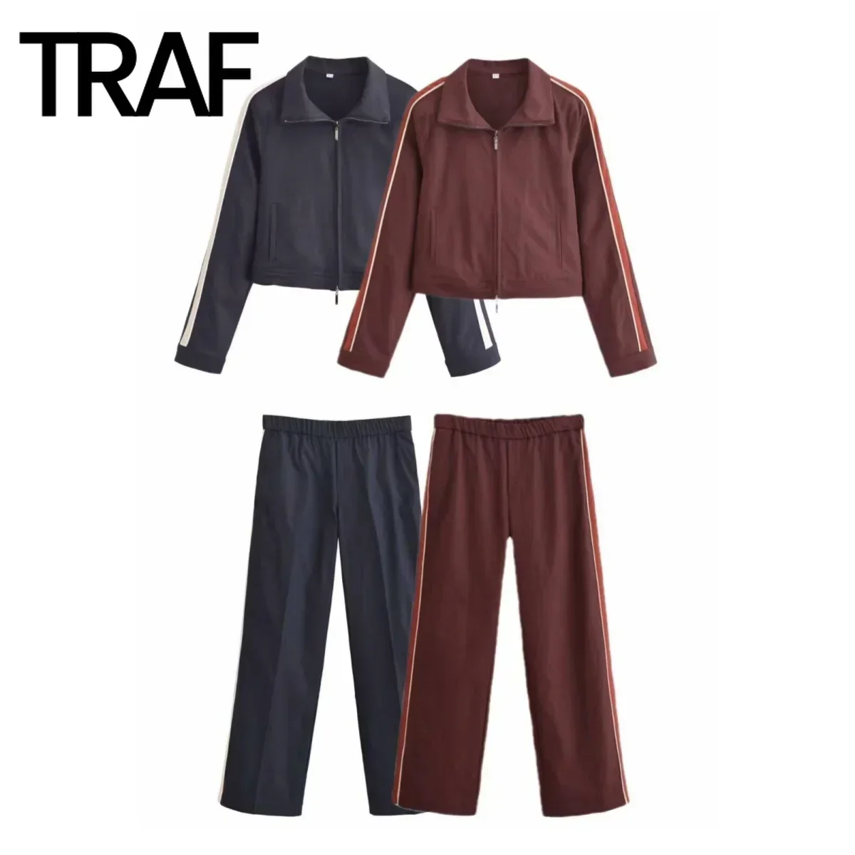 TRAF Two-piece Set for Women Fashion Autumn Winter New Side Striped Long Sleeve Lapel Zip Ladies Jacket Coat Casual Pants