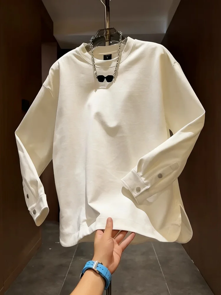 Spring Autumn New Fashion Simple Pure Color Button Cuff round Neck Sweatshirt Men Trendy Brand Side Split Versatile Top