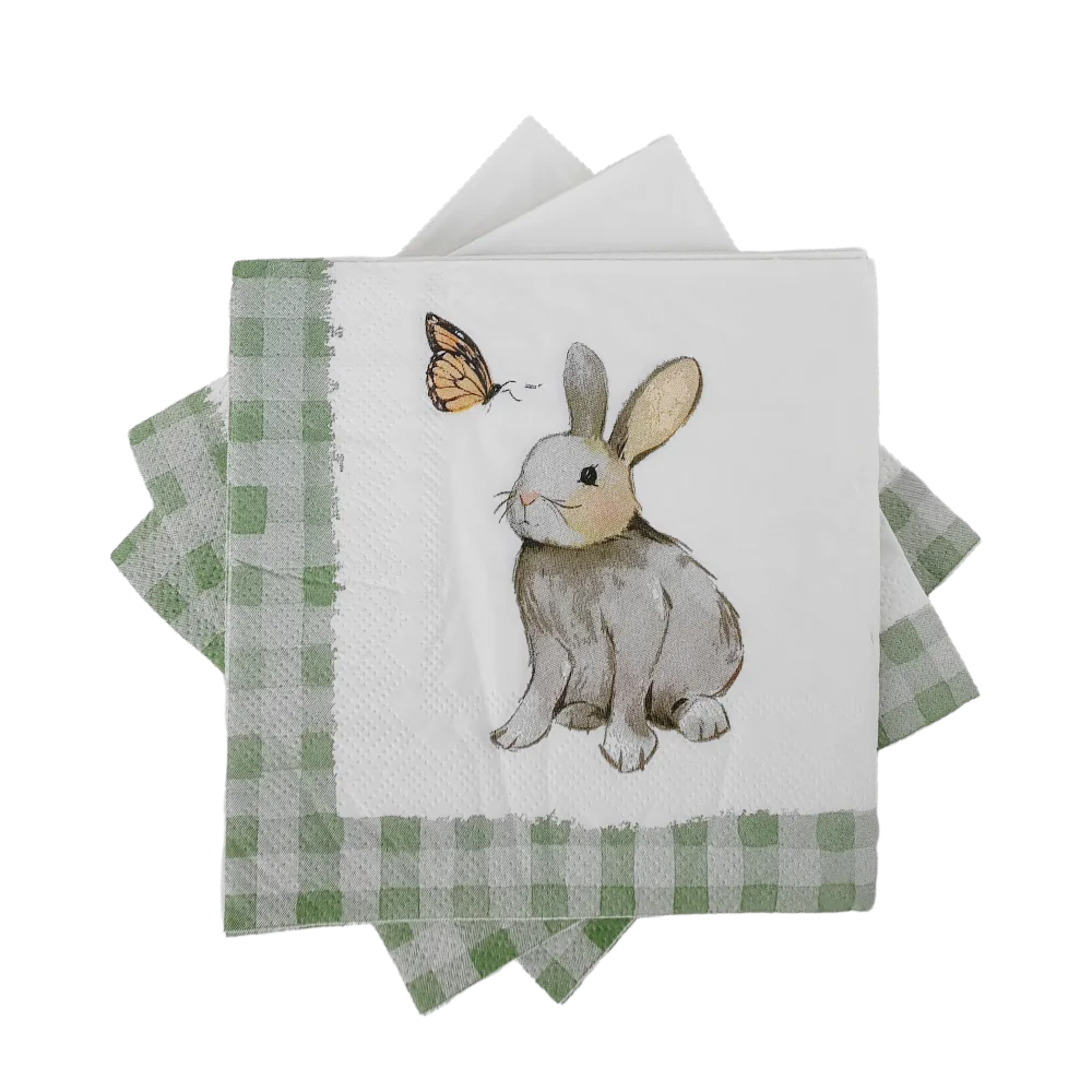 20/40/60/80pcs Easter Happy Tissue Green Checkered Cute Bunny Butterfly Printed Napkins Disposable Napkins Easter Party Supplies