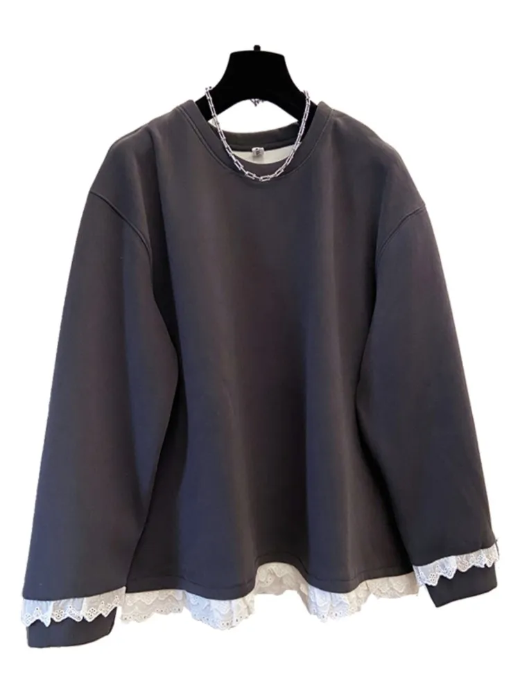 Sweat-shirt grande taille en dentelle pour femme, décontracté, ample, velours, nouveau Style, col rond, manches longues, mélange de coton, automne hiver