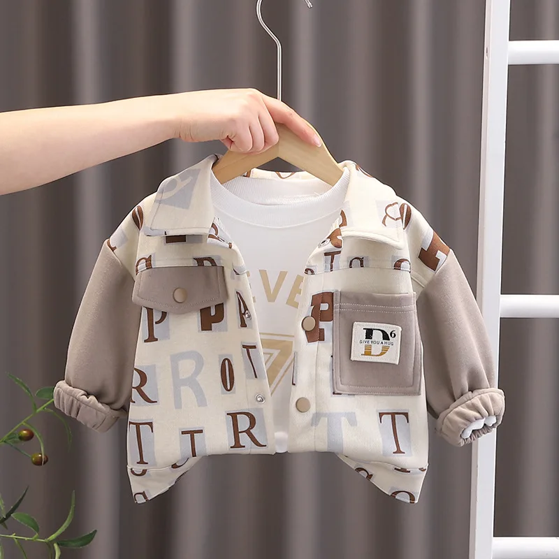 Baby Spring Kids Boys Suit 2024 Korean Letter Turn-down Collar Jackets + T-shirts + Pants for 12 To 18 Months Boy Clothing Sets image 5