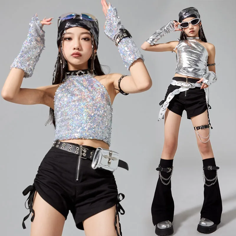 키즈 재즈 댄스 의류 소녀 Kpop 무대 복장 실버 탑 블랙 Shortsschool 쇼 공연 정장 패션 스트리트웨어 AMY2393