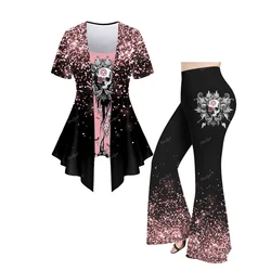 Plus Size Halloween 3D Skull Bat Pumpkin Ghost Spider Web Print Women's 2 In 1 T-shirt Or Flare Pants Daily Casual Matching Set