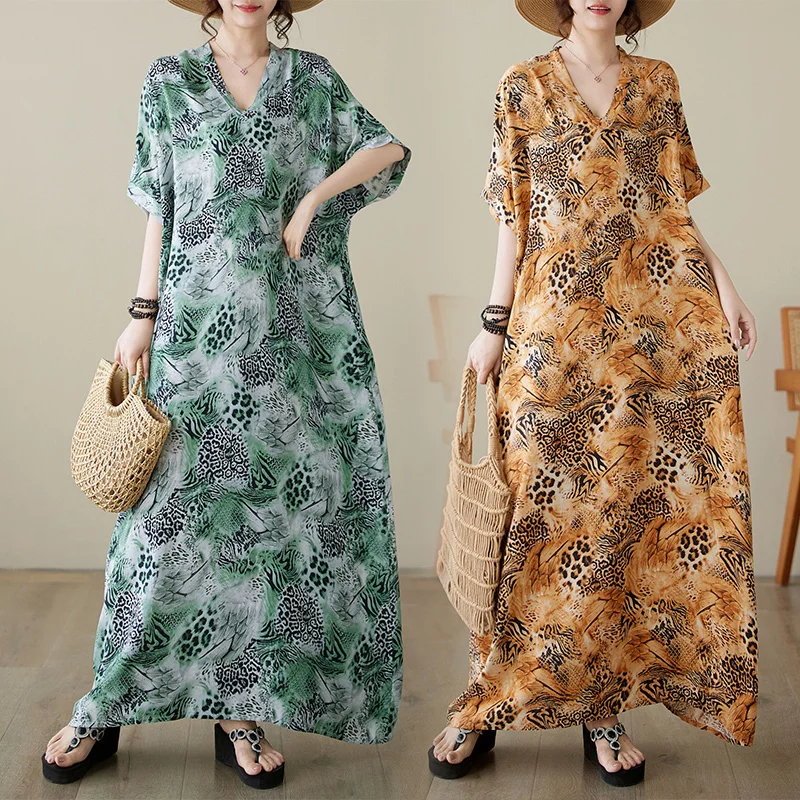 

Summer V-Neck Long Silk Chiffon Floral Large Size Loose Holiday Style Beach Skirt Vintage Meat Concealing Robe Women's Dress