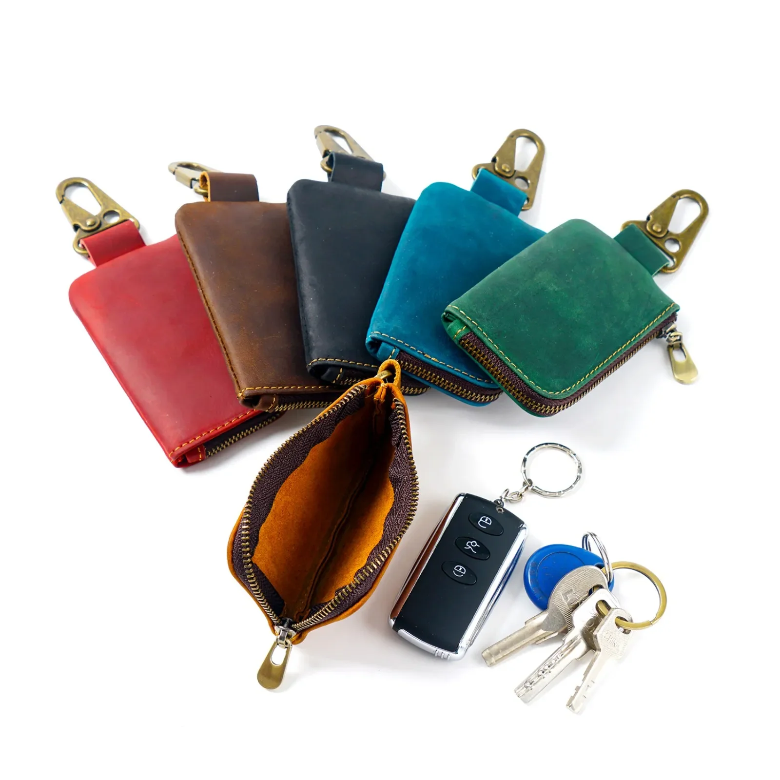 

Genuine Leather Zipper Case for Coin Purse Key Organizer Card Holder Slim Mini Wallet with Keychain for Women Men